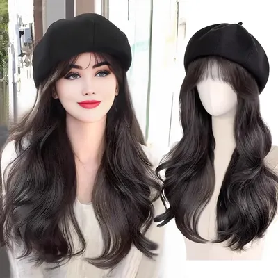 synthetic 16 inch black beret big wave long curly wig water wave baseball cap duck tongue hat fisherman hat Hat Wig Christmas