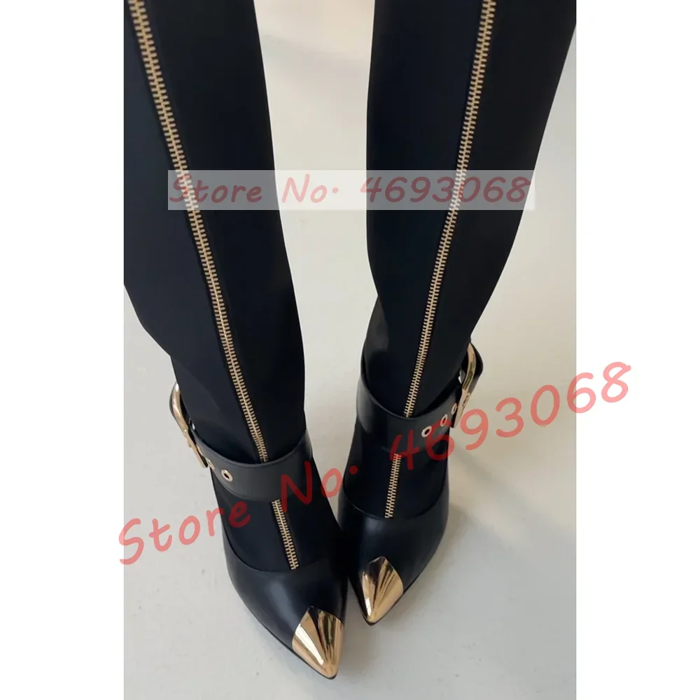 Gürtel Schnalle Gold Spitze Zehen Kniehohe Stiefel Frauen Sexy Front Zipper Schwarz Winter Schuhe Damen High Heel Schlank Große Größe Lange Stiefel