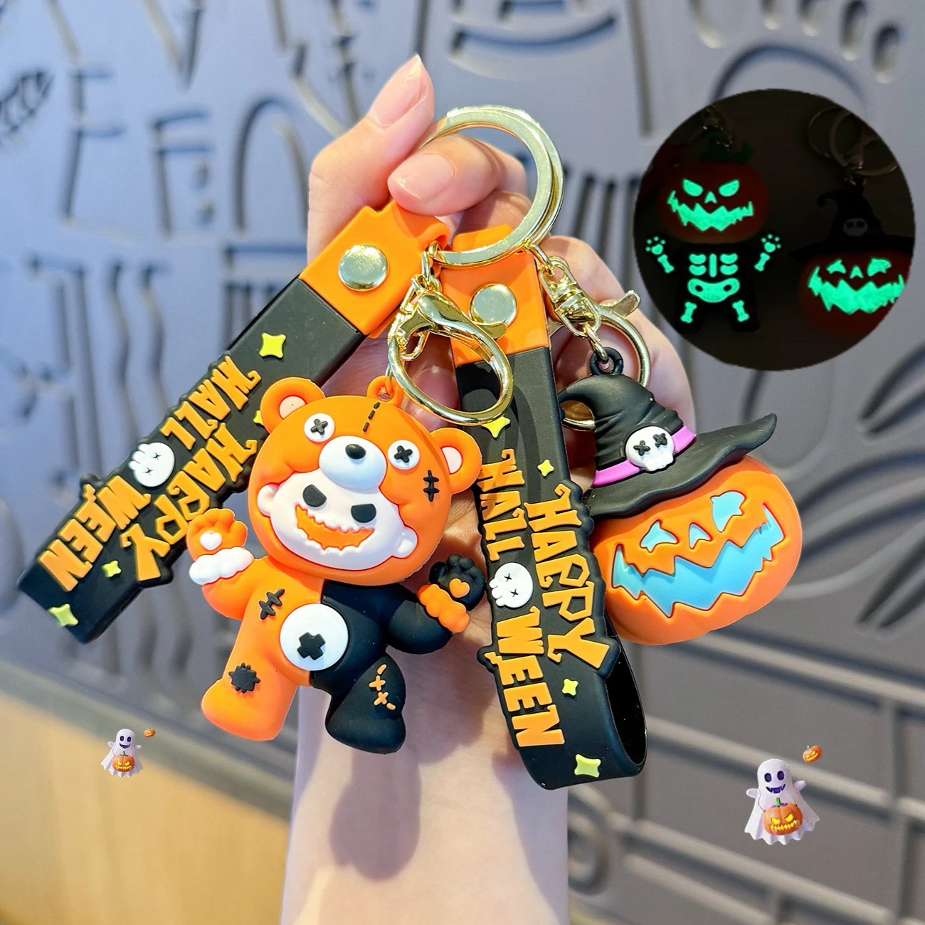 Halloween Nachtleuchtender Schlüsselanhänger, niedlicher Cartoon-Geist und Kürbis, Taschenanhänger, Auto-Schlüsselanhänger, Zubehör, festliche dekorative Geschenke Image