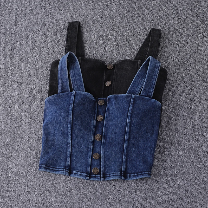 women's clothing sexy Tops For Women crop top fashion button front shirred detail denim top