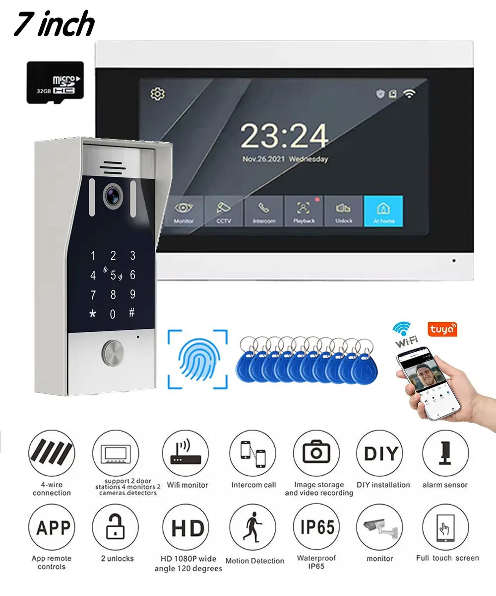 Neue 5in1 Fingerprint Entsperren Tuya Smart 1080P 7 zoll LCD Wifi Video Intercom System Video Tür Telefon Kamera mit bewegungsmelder Image