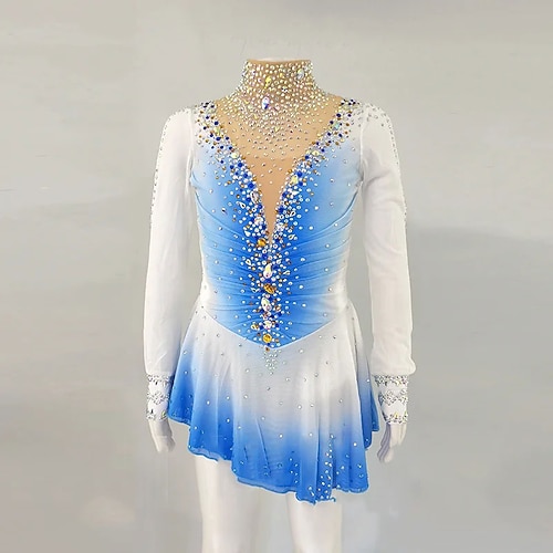 Eiskunstlaufkleid Damen Mädchen Eislaufen Kleid Blau Asymmetrischer Saum Netzstoff Hohe Elastizität Training Wettbewerb Eiskunstlaufkleidung Klassisch Kristall / Strass Langarm Eislaufen Eiskundstlauf Image