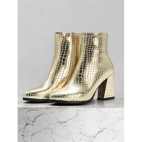 Grüne Stiefeletten aus Kunstleder mit Krokodilprägung für Damen mit Blockabsatz und spitzer Zehenpartie – ideal für legere oder elegante Anlässe Image