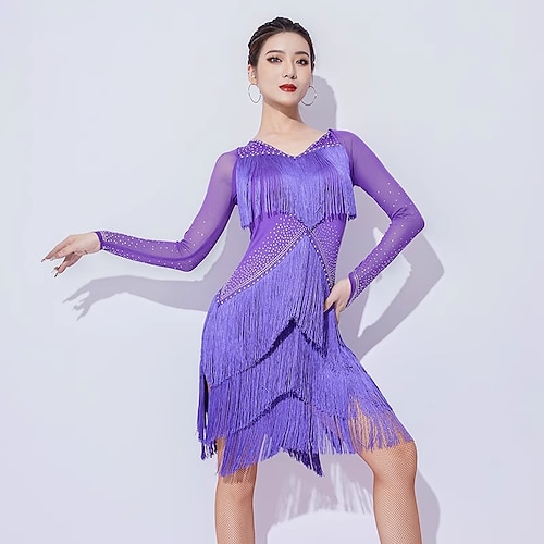 Lateinischer Salsa-Tanz Kleid Strass Quaste Farbaufsatz Damen Leistung Ausbildung Langarm Gitter Milchfieber Image