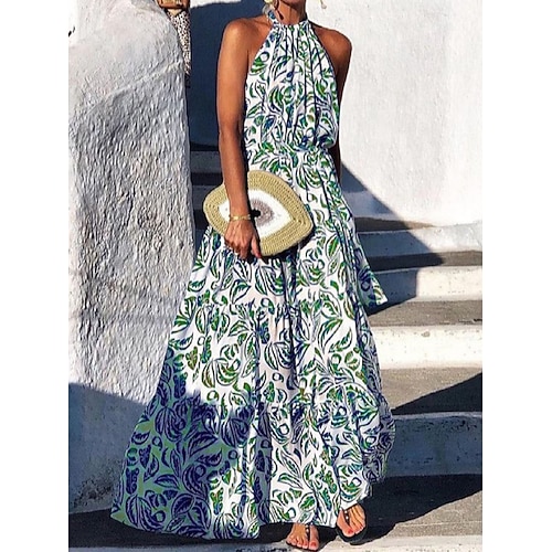 Damen Maxidress Casual kleid Schaukelkleid A Linie Kleid Brautkleider schlicht Täglich Regular Fit Blumen Langarm Halfterhals Grün Sommer Frühling Herbst Image