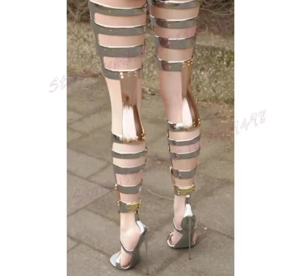 Silber aushöhlen Sandalen Stiefel Oberschenkel hohe offene Zehen Schuhe für Frauen Stiletto High Heels sexy Dame Schuhe 2024 Zapatos Para Mujere