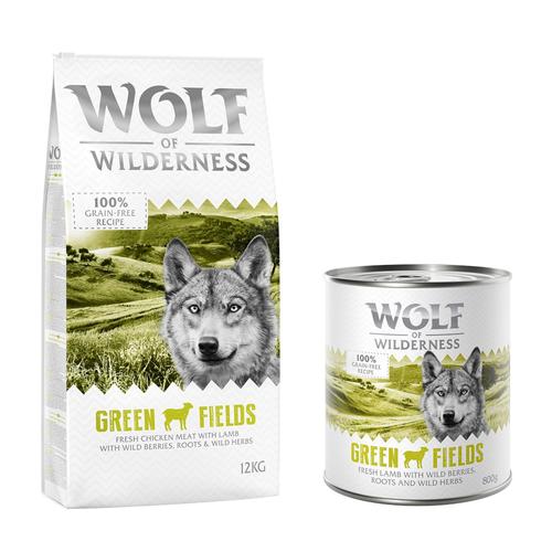 Wolf of Wilderness Kombi-Paket: Adult Trockenfutter + passende Nassfutter - 12 kg Green Fields -...