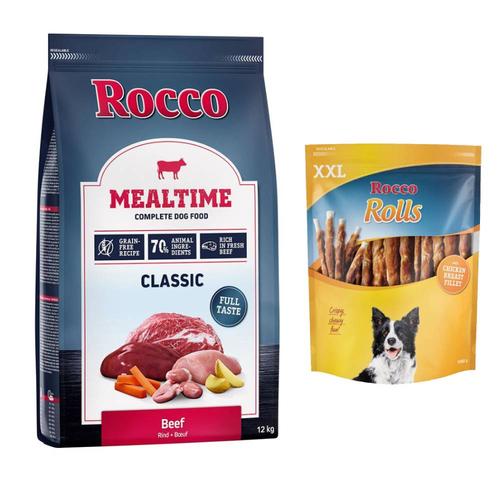 Rocco Kombi-Paket: 12 kg Mealtime Trockenfutter + 3 x 1 kg Rolls XXL Pack - Rind + Hühnerbrust