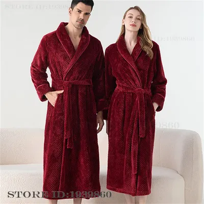 Verdicken Flanell Paar lange Robe Männer Kimono Bademantel Kleid Herbst Winter warme Nachtwäsche Homewear lose Corcal Fleece Lounge wear Image