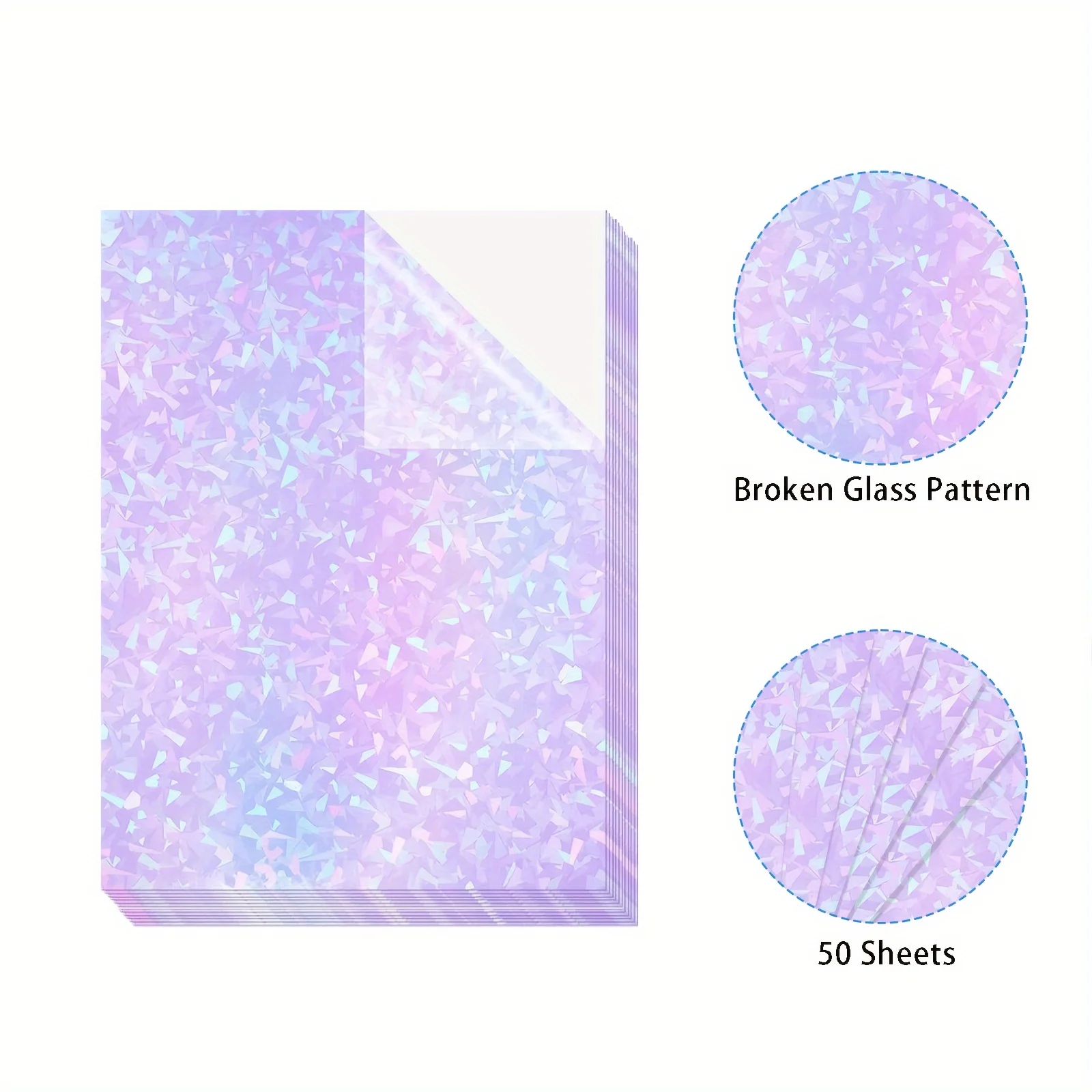 50 Blatt 2,9 x 4,1 Zoll gebrochenes Glas, glitzernd, holografisch, klares Vinyl, Kaltlaminierfolie, selbstklebend, wasserdicht Image