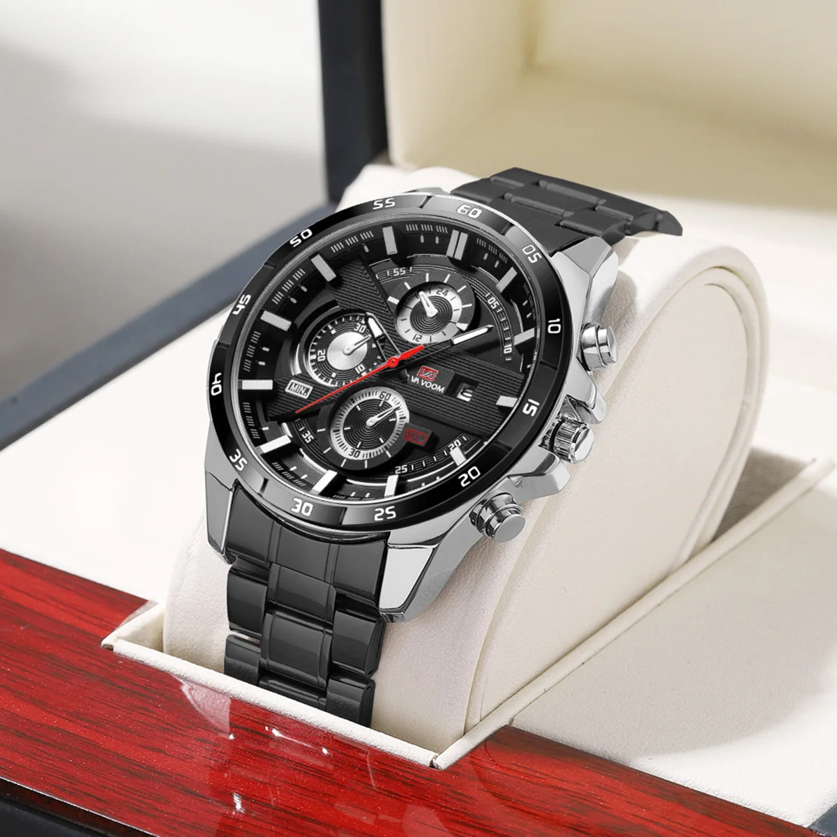 VA VA VOOM Marke Edelstahl Herrenuhr mit 46mm Silber Schwarz großes Zifferblatt Original Racing Series Sport Quarz Herrenuhren Image