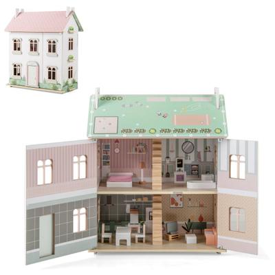 Costway Kids Wooden Dollhouse 3 Level with Double-Sided Roofs and Doors-Pink