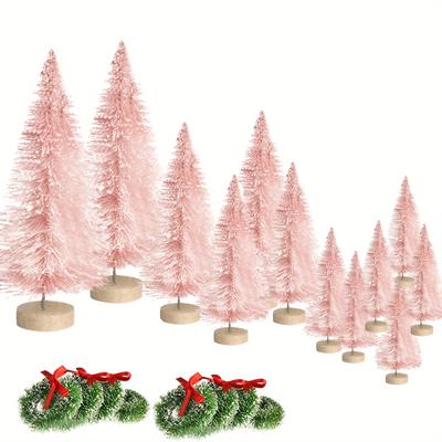 TEMU 12pcs Mini Christmas Tree Set With Wooden Bases & 8 Wreaths - Artificial Tabletop Trees For Decor, No Power Needed