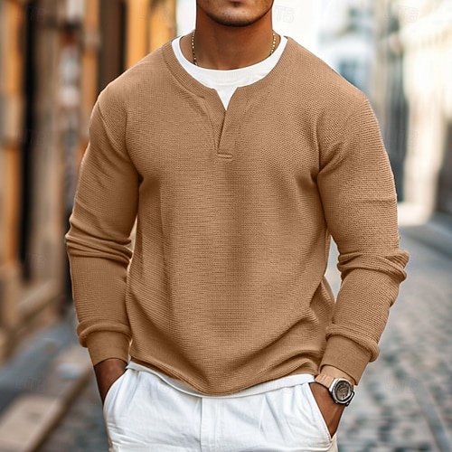 Homme Tee-shirt Gaufre Sweatshirt Pull T-shirt Chemise à Manches Longues manche longue Col ras du cou Col en V Printemps Automne Uni Mode Designer Basique Mode Faux deux pièces Vacances Rue Sortir