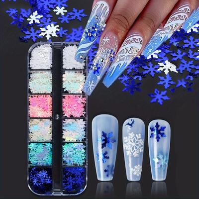 TEMU 12 Grids Merry Christmas Nail Art Decorations White Blue Nails Glitter Sequins Accessories Winter Manicure Diy Nail Charms Nail Gems Nail Supplies, Nail Decorations