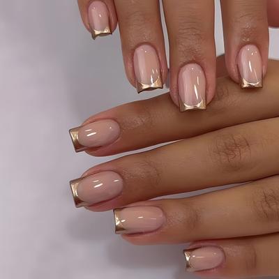 TEMU 24-piece Press On Nails Set - Short Square Shape, , Golden & Pink Striped Pattern, Easy To Apply & Remove False Nail Tips