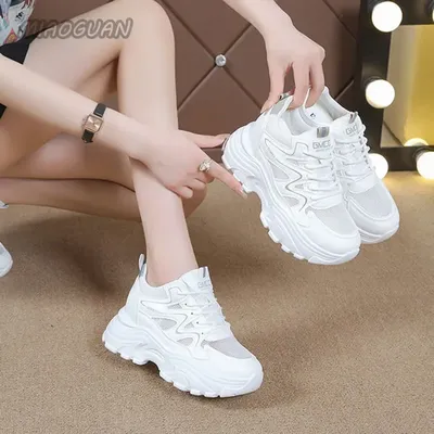 Platform Sports Shoes for Women White Casual Mesh Breathable Sneakers Height Increase Lace Up Spring
