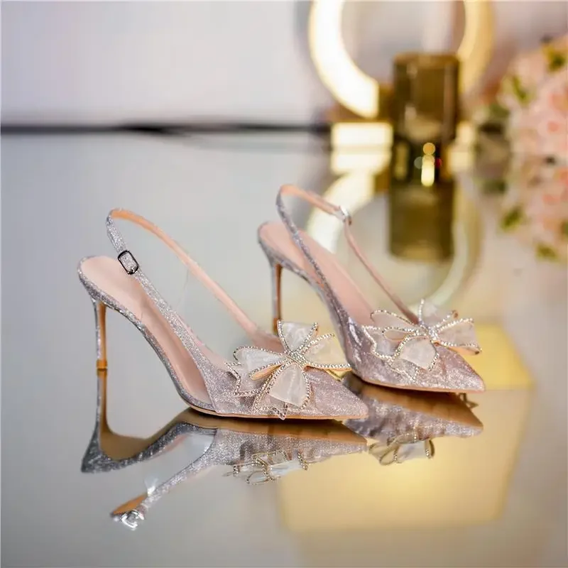 For Office Work High Heels Ladies Shoes Footwear Sandals Women Summer 2025 Thin Transparent Pointed Toe Open Silver Bow Comfort