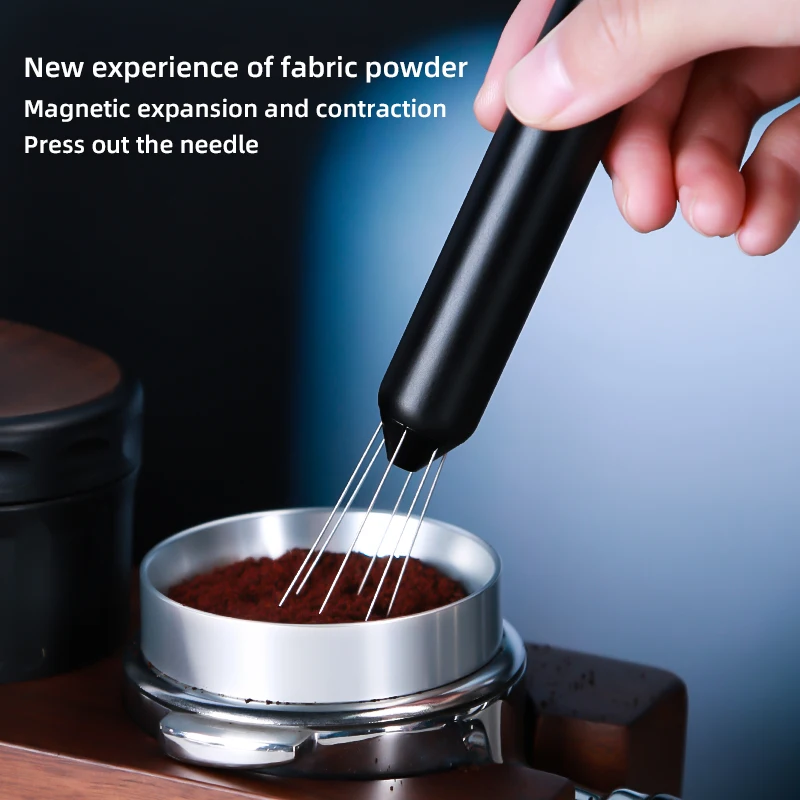 Schrumpfbare tragbare Kaffeepulver-Rührnadel aus Edelstahl 304, Espresso-Nadelverteiler aus Edelstahl mit Sockel Image