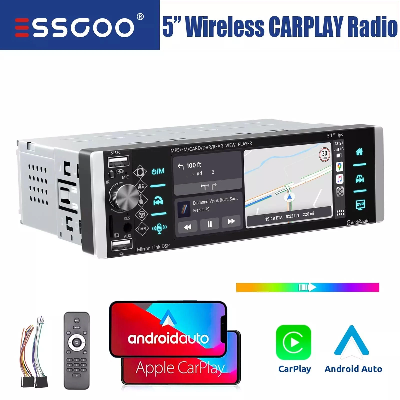 ESSGOO Einzel 1 DIN Universal Autoradio Wireless Apple Carplay Android Auto 5.1" IPS HD Touchscreen Bluetooth USB AUX-IN TF FM Mirror Link Image