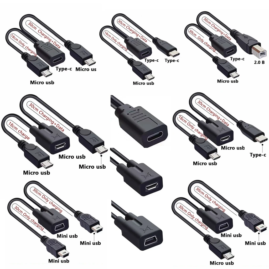 Mini MICRO USB Typ-C Buchse auf 2 x Mini USB USB-B Typ-C Stecker Allgemeiner Splitter Y-Verlängerung Lade + Datenadapter Y-Kabel 30 cm Image