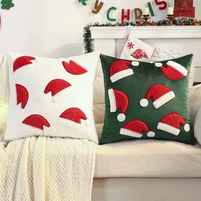 1PC Weihnachtsmütze Dekokissenbezug Samt Stickerei Weihnachtsdekoration Wohnzimmer Image