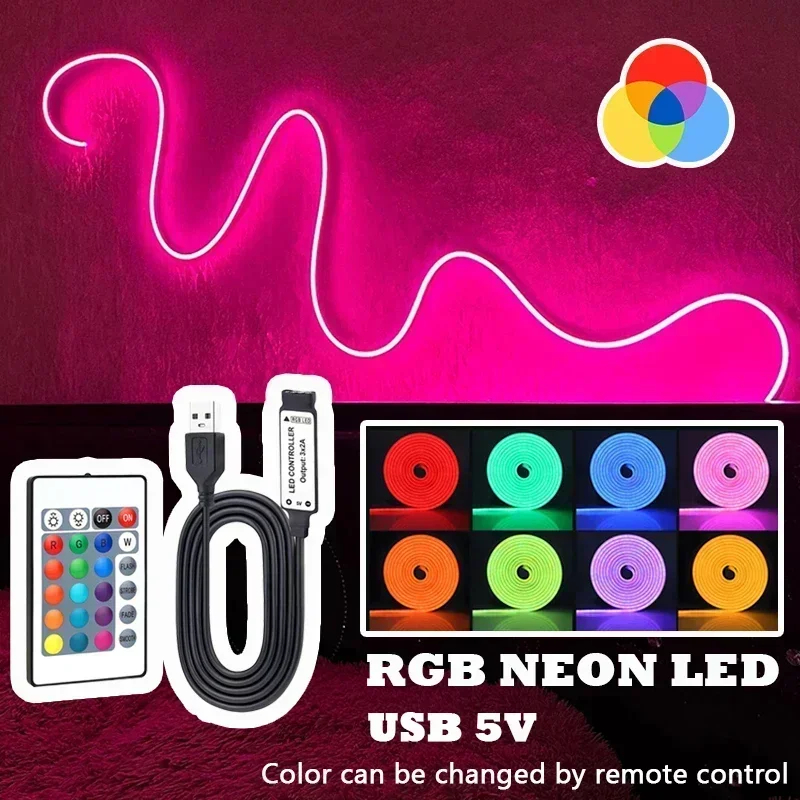 LED-Neon-Lichterkette mit 24-Tasten-Fernbedienung, flexible LED-Lichterkette, RGB-Neonlichter, Gaming-LED-Neonstreifenlichter für Schlafzimmer