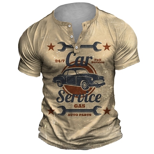 Herren Grafik Car Service T Shirt Henley Hemd Kurzarm Retro Vintage Lässig Täglich Straße Sommer Frühling Hellblau Khaki Grau Henley Henley T-Shirt Image