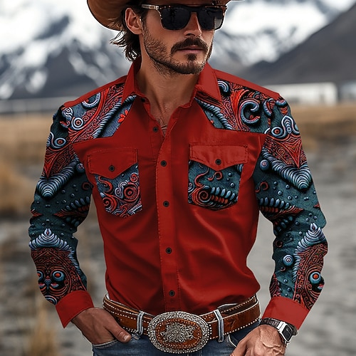 Herren Blumen Westernhemd Cowboy-Shirt Langarm Western Sport Frühling Herbst Umlegekragen Patchwork Gelb Rote Braun Grün Grau Image