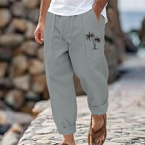 Herren Leinenhose Hose Hosen Sommerhosen Kordelzug Elastische Taille Gerade geschnitten Kokosnussbaum Komfort Atmungsaktiv In voller Länge Outdoor Casual Täglich Modisch Retro Vintage Schwarz Weiß Image