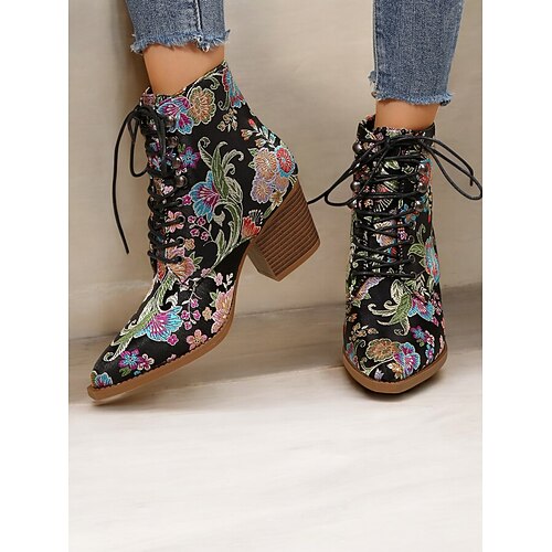 Damenstiefeletten mit Blumenstickereien zum Schnüren – leuchtend rosa Satin mit klobigem Absatz für lässige, Party- oder Boho-Chic-Outfits Image