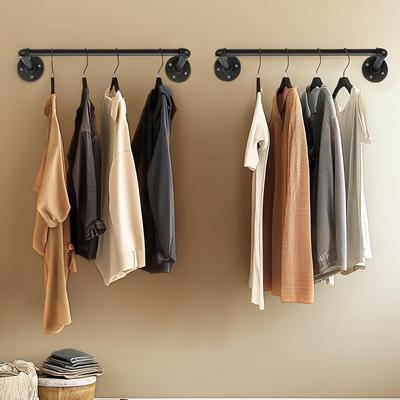 TEMU 200cm Industrial Pipe-style Wall Mounted Clothes Rail - Heavy Duty Stainless Steel Garment Bar For Bedroom, Laundry Room, Or Hallway Organization - Vintage Black With Sleek Modern Brackets Image