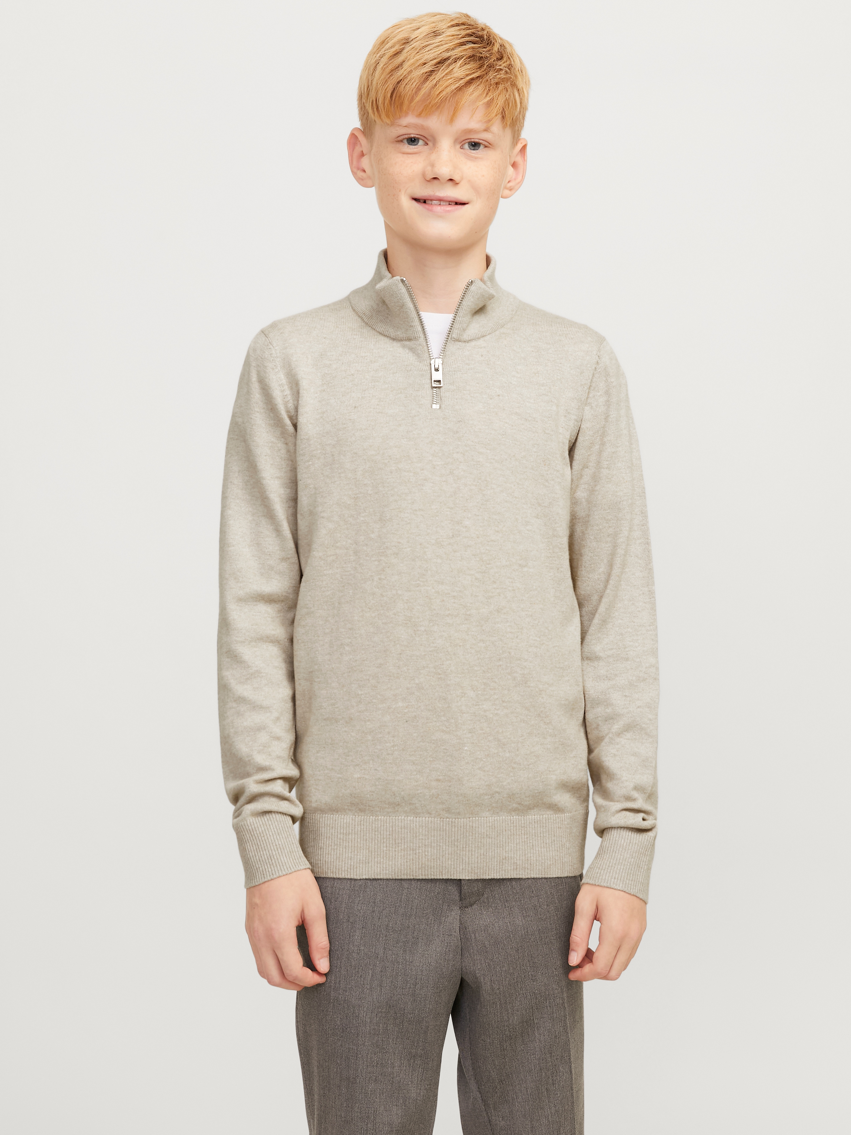 Troyer JACK & JONES JUNIOR "JJEEMIL KNIT HALF ZIP NOOS JNR", Jungen, Gr. 140, beige (oatmeal detail:melange), Strick, Obermaterial: 60% Baumwolle, 20% Nylon, 20% Viskose, meliert, Modisch, regular fit, Rippbündchen, Pullover Image