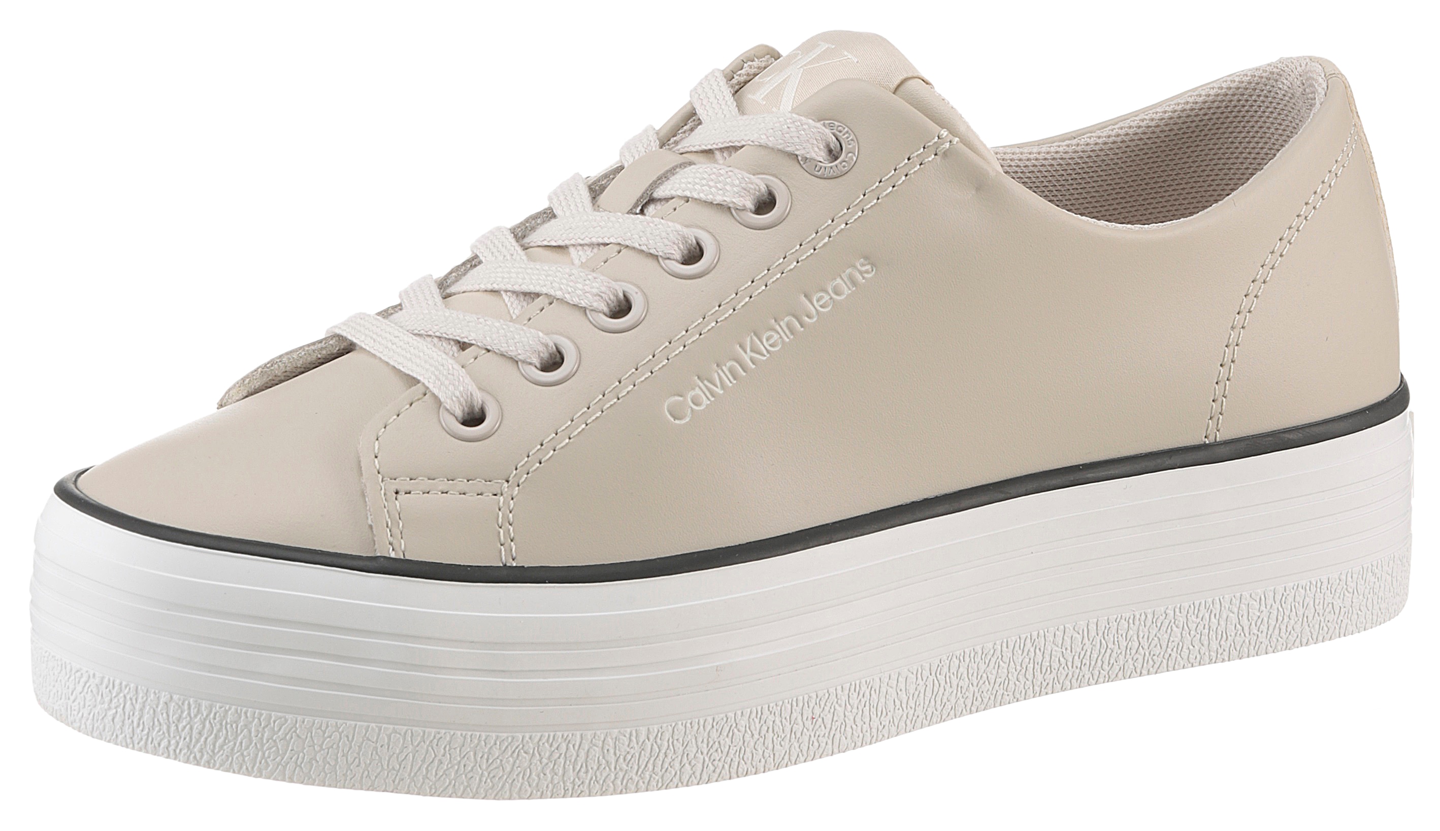 Sneaker CALVIN KLEIN JEANS "BOLD VULC FLATF LOW LTH IN", Damen, Gr. 40, beige, Leder, unifarben mit Farbeinsatz, Schuhe Sneaker, Halbschuh, Schnürschuh, Freizeitschuh mit CK-Logo an der Ferse