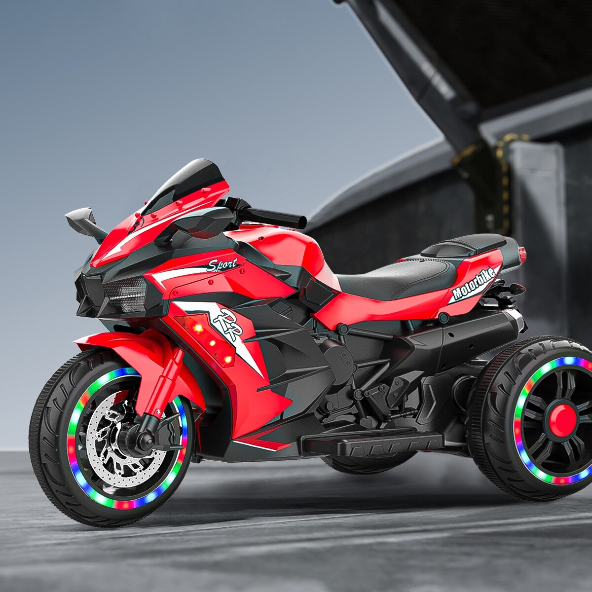 Electric Motorcycle for Kids, 12V Battery Ride-On Toy with 3 Wheels, LED Lights & Bluetooth Music, Red - 42
