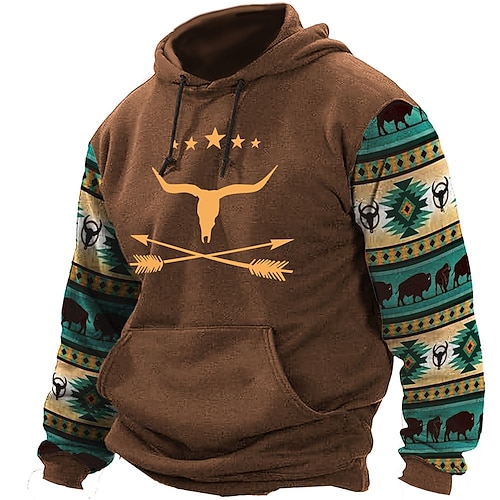 Herren aztekisch Cowboy Kapuzenshirts Pullover Ethnisch Cowboy Langarm Rundhalsausschnitt Ferien Streetwear Schwarz Blau Braun Kordelzug Herbst Winter Designer S M L XL XXL XXXL Image