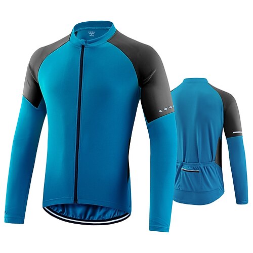 Herren Radtrikot Langarm Fahhrad Trikot Oberteil mit 3 Gesäßtaschen Sonnenschutz Schnelltrocknend Reflektierende Streifen Hohe Elastizität Sport Blau Grün Dunkelblau Bekleidung Image
