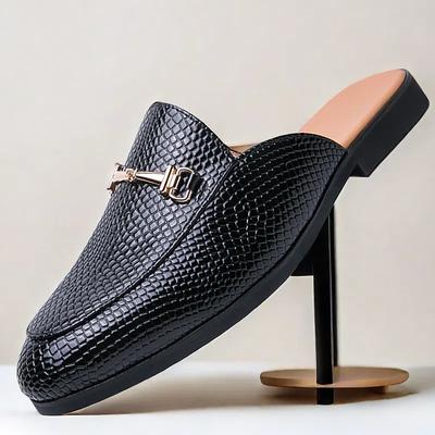 Men's Brown Snake Pattern Loafers – Slip-On Faux Leather Mules with Metal Buckle for Casual and Formal Wear