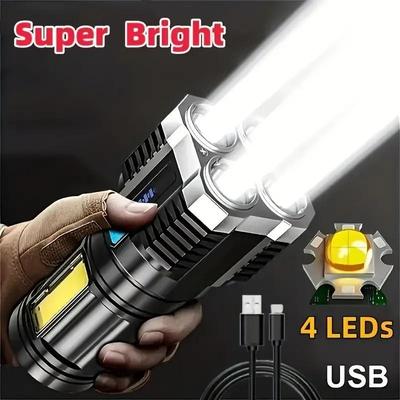 TEMU Usb Rechargeable Led Flashlight - High , Cob & 4x , Handheld Tactical Torch For Camping & Emergencies, Includes Usb Cable