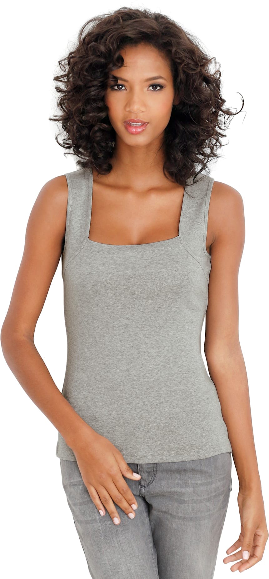 Shirttop HEINE, Damen, Gr. 48, grau (grau, melange), 95% Baumwolle, 5% Viskose, unifarben, eckiger Ausschnitt, Tops Shirttop Image