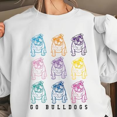 TEMU Cartoon Bulldogs & Letter Print Long Sleeve Sweatshirt - Casual Crew Neck Knit Polyester Pullover For Fall/winter