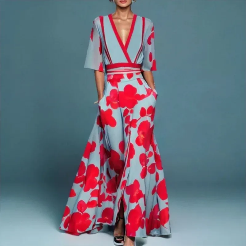 Abiti longuette da donna Abito lungo da festa con scollo a V primaverile Abito lungo con stampa sexy Boho Fashion Abito a trapezio Abiti maxi tascabili a maniche corte