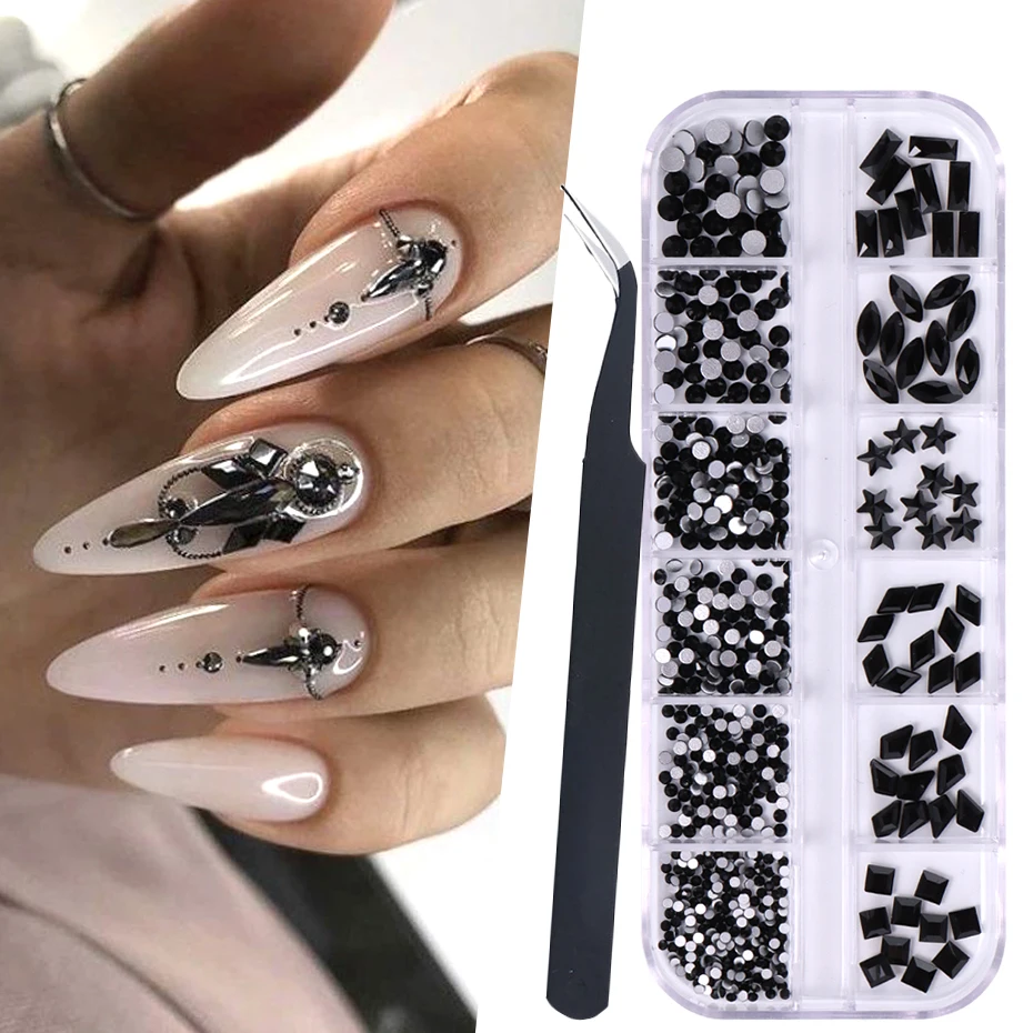 12Grid Schwarz Glas Kristall Nagel Strass Flatback Odd Shaped Diamant Stern Quadrat Design Schmuck Mit Pinzette Dekor Zubehör Image