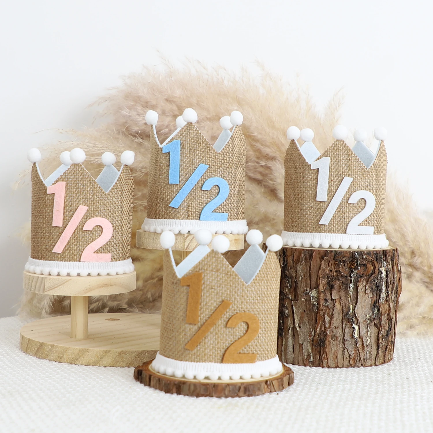 Boho 1/2 Geburtstagskrone, 6 Monate, handgefertigt, Leinenhut, Party-Dekoration, Feierhut, Fotografie-Requisite für Mädchen und Jungen Image