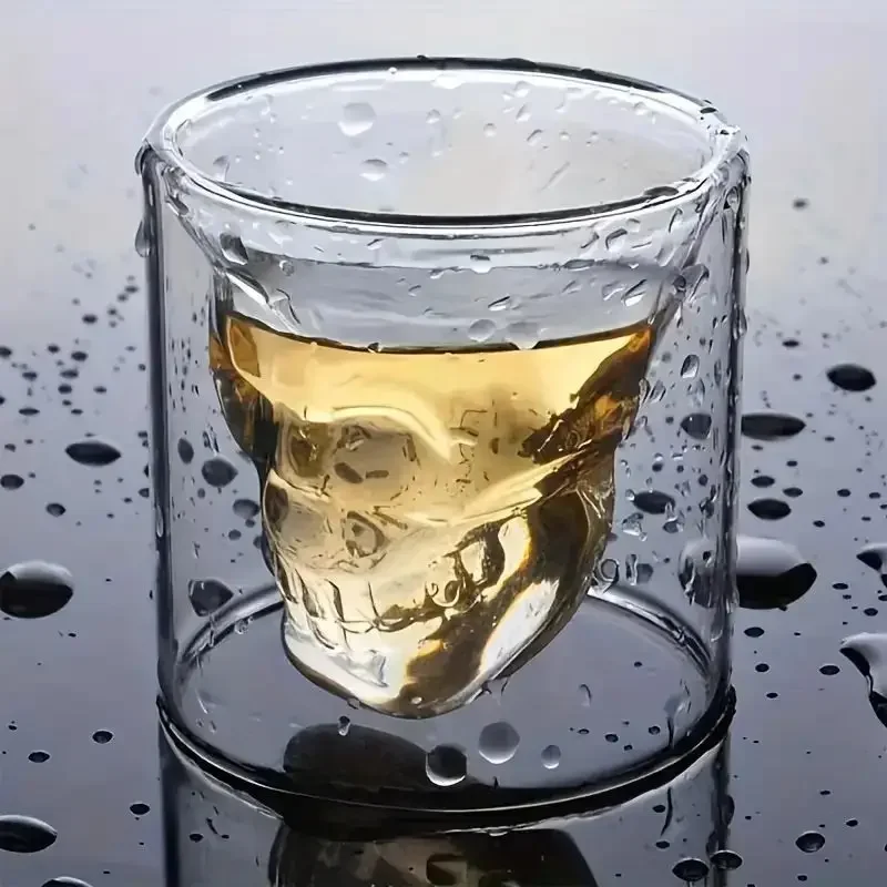 1pc, 75ml/2,5 oz doppelwandiger Horrors chädel Whisky Glas-Bourbon, Wodka, Cocktail, Cognac, Gin Stemless Bar Glas für Scotch
