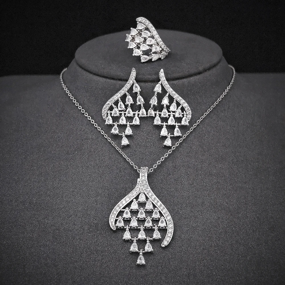 3 stücke Pro Set Moonso Luxus Birne Silber Farbe Braut Schmuck Sets für Frauen Engagement Jahrestag Geschenk Schmuck Großhandel J6826 Image