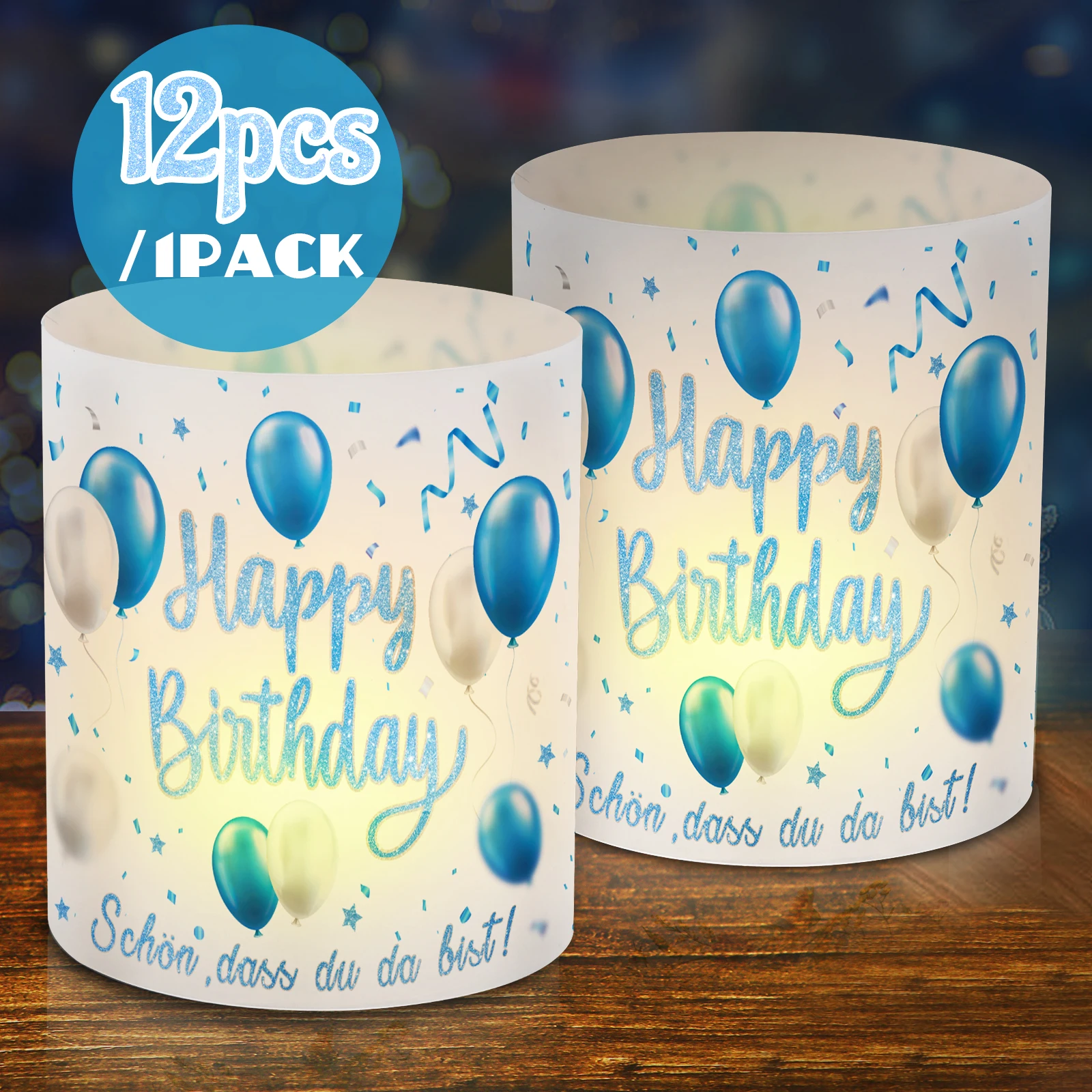 12 Stück blauer Ballonband-Kerzenlampenschirm, „Happy Birthday“, Geburtstagstischdekoration, Partyzubehör für Zuhause und Küche, Image
