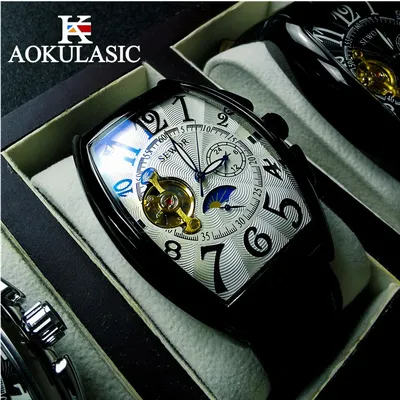 AOKULASIC Mechanical Watches Fashion Men Watches Tonneau Dial Tourbillon Automatic Mechanical Watch Men Moon Phase reloj hombre
