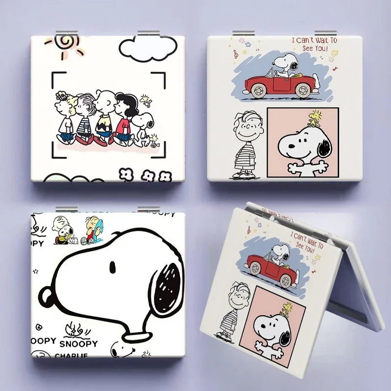 Snoopys Cartoon-Make-up-Spiegel, niedlicher Mini-Klapp-Handspiegel, tragbar, für Studenten und Mädchen, quadratisch, kleiner doppelseitiger Spiegel, Geschenke