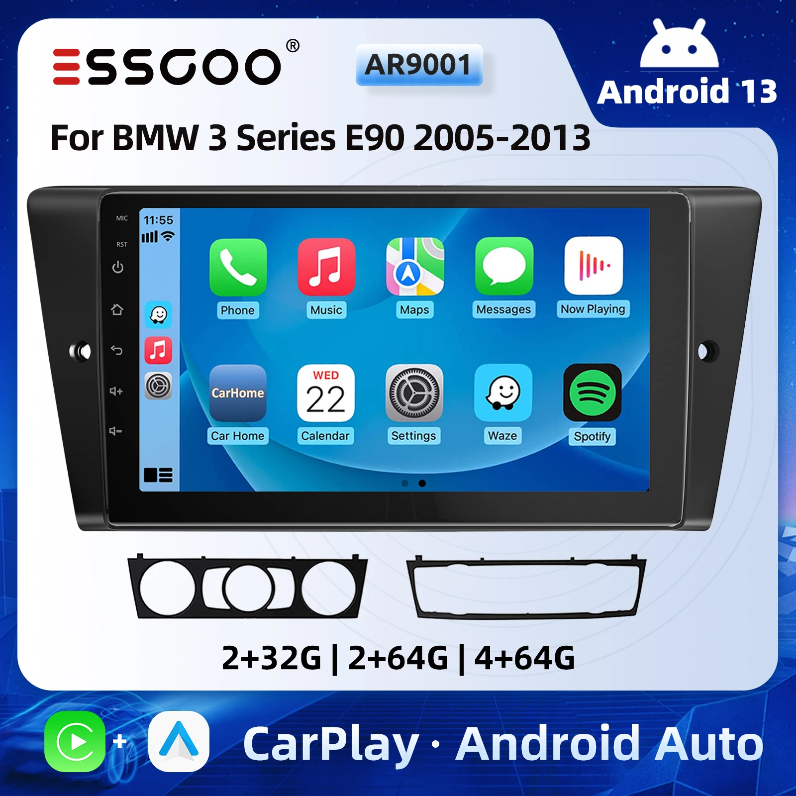 ESSGOO 9" Android 13 Autoradio Carplay/Android Auto Touchscreen GPS Navi BT RDS für BMW 3er E90 E91 E92 E93 2005-2013 Image